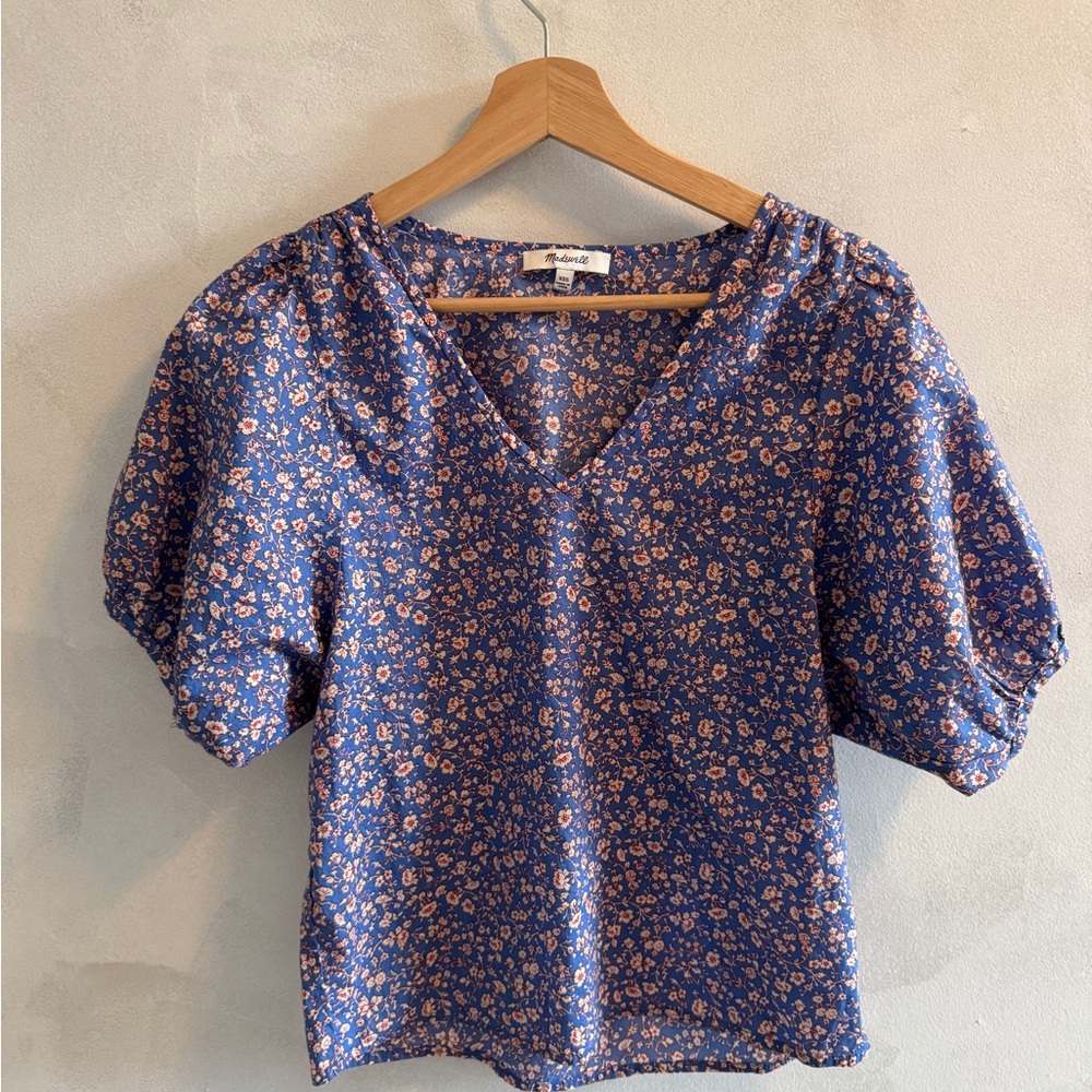 Madewell - Blue Floral Blouse with Puff Sleeves - Size XXS